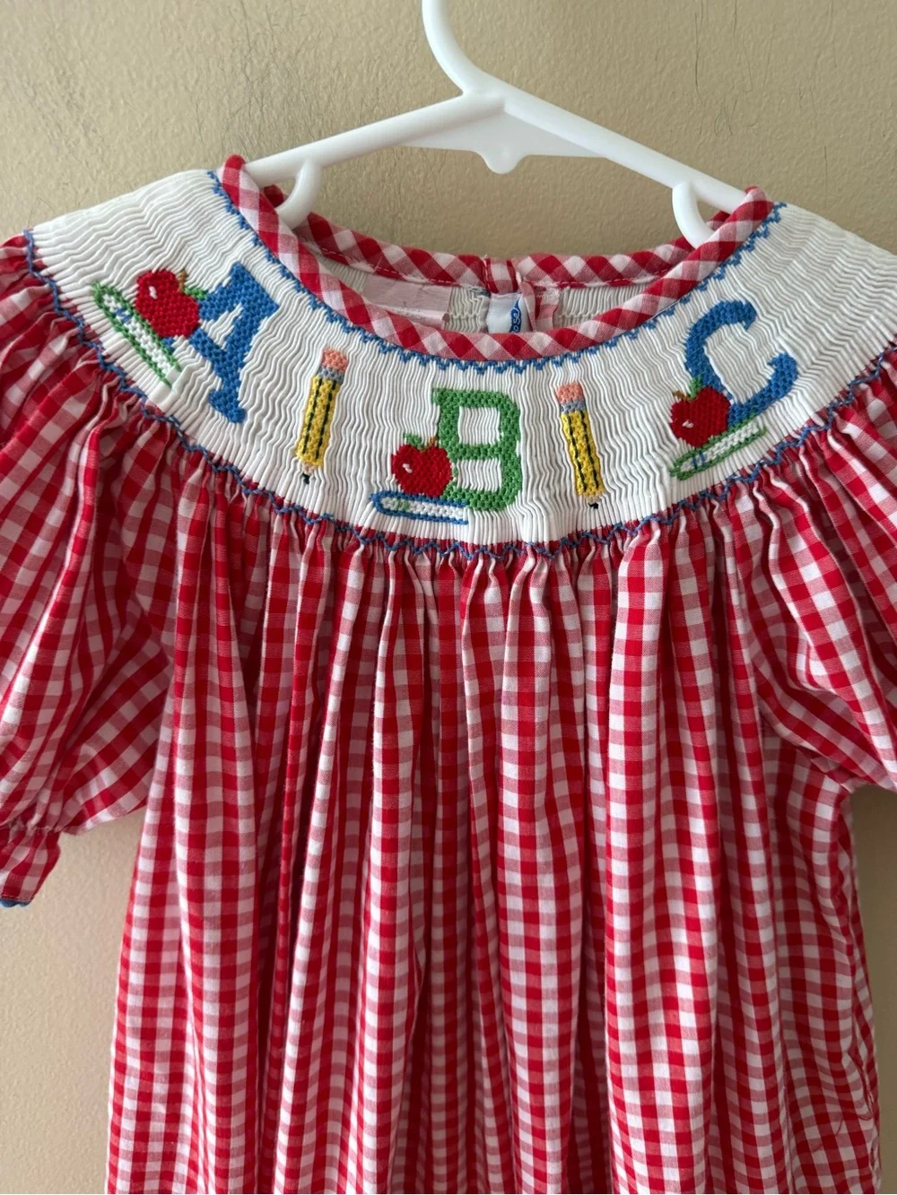 Smocked ABC school gingham dress size 5